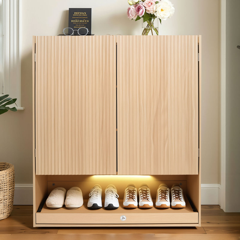 4-Tier 16 Pairs Shoe Cabinet with 2 Doors, Adjustable Shelves & Smart Sensor Light,Hands-Free Foot-Activated Drawer for Entryway,Hallway