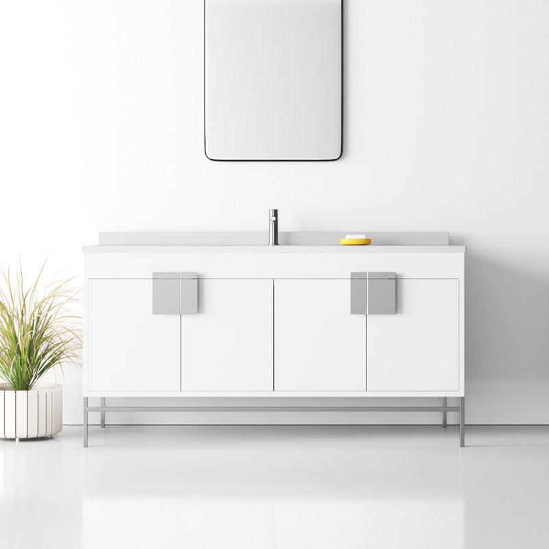 Maisie 60'' Single Bathroom Vanity with Sintered Stone Top, Matte White Paint, Polish Chrome