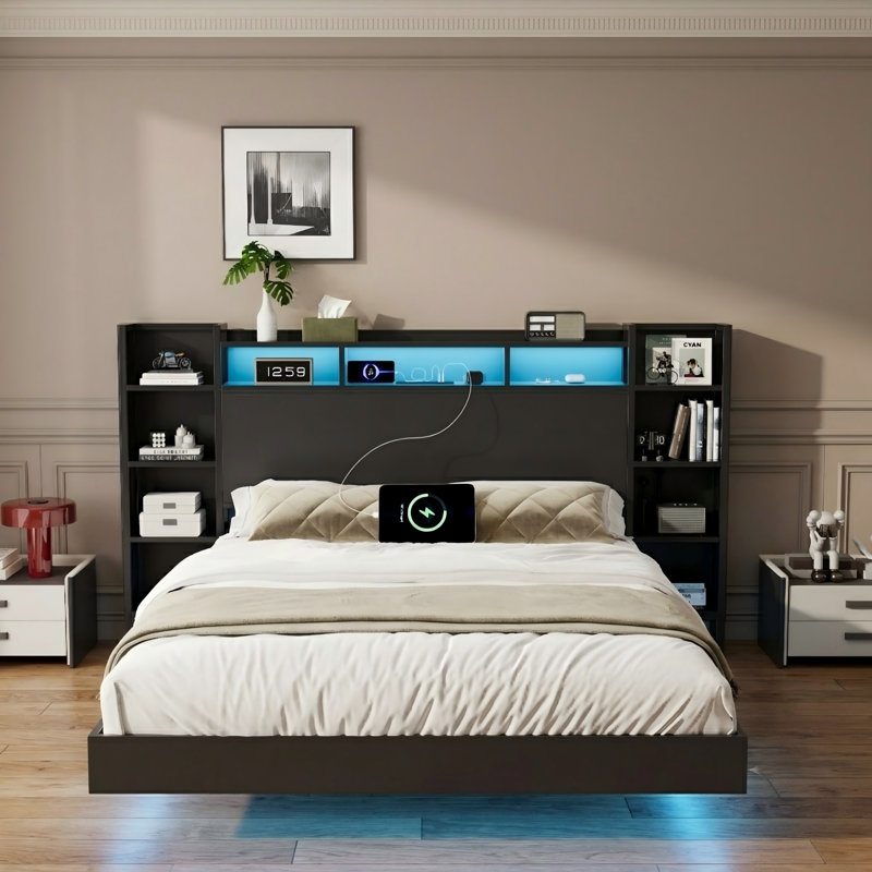 Cadre de lit flottant moderne avec lumières DEL et tête de lit à bibliothèque, plateforme intelligente avec station de charge USB et de type C, sommier robuste, aucun sommier nécessaire