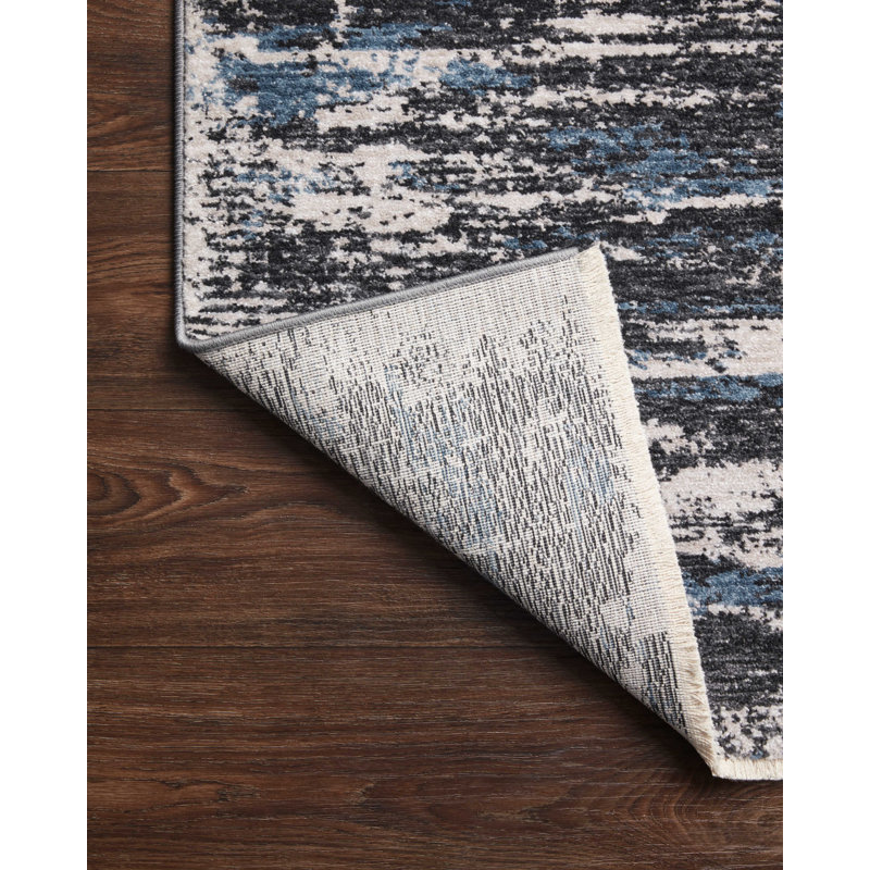 Charcoal Black and Steel Blue Abstract Fringe Rug - 27" x 46"