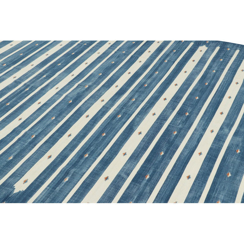Rug & Kilim’S Contemporary Dhurrie Rug In Blue With White Stripes, Rectangle 10' x 14'