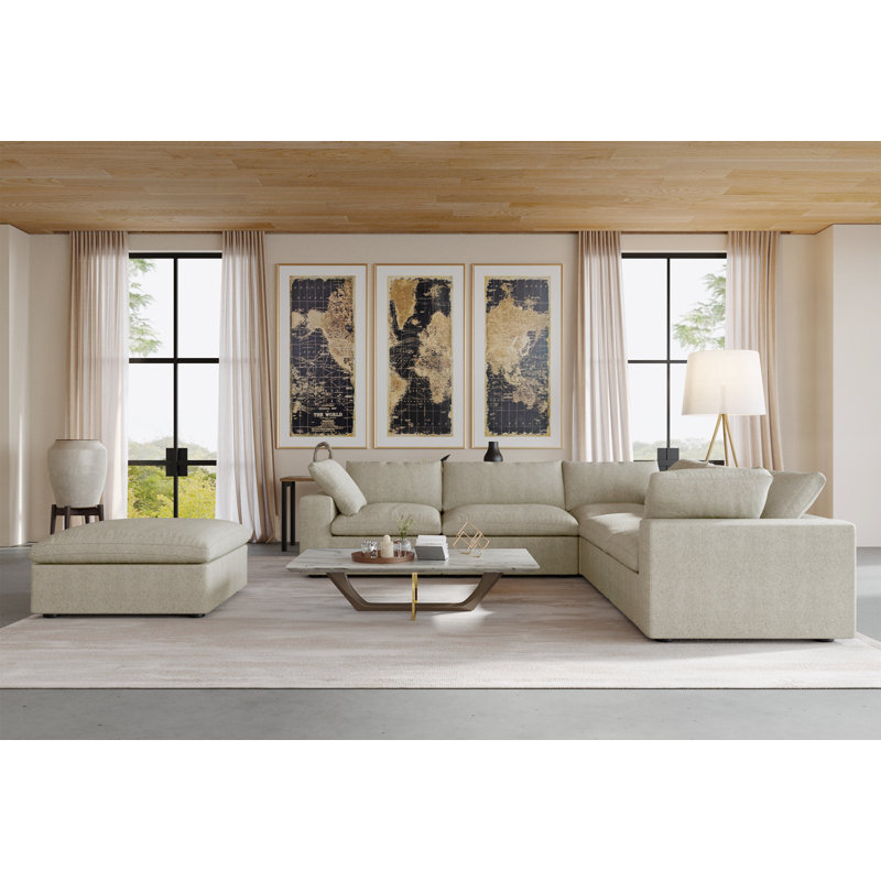 Kenda 6-Piece Upholstered Modern Linen Slipcovered Sectional Sofa With Ottoman, Khaki Linen