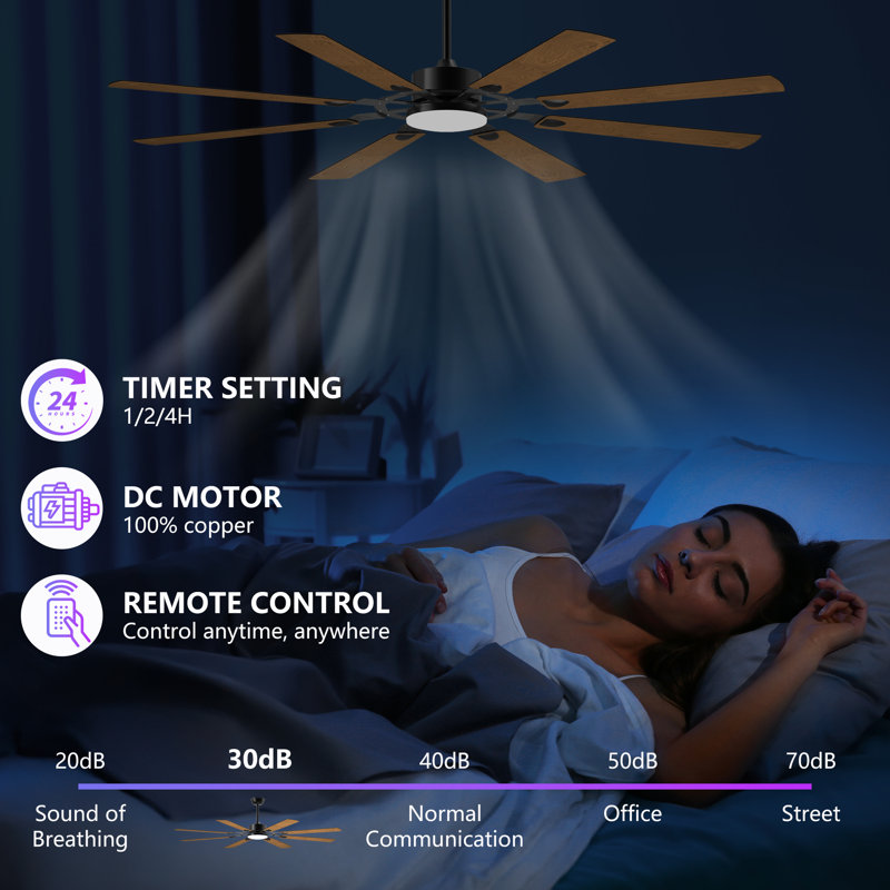 72-Inch 8-Blade Large Ceiling Fan,Reversible Quiet DC Motor,Indoor/Outdoor Modern Ceiling Fan,Suitable For Kitchen,Living Room And Terrace,Black.