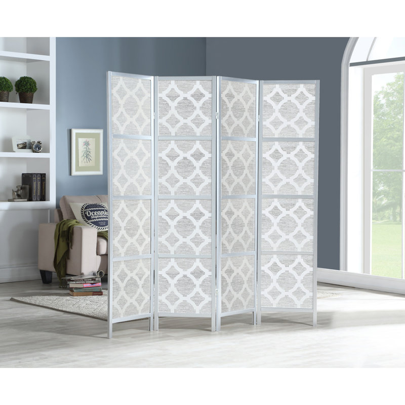 Quarterfoil Infused Diamond Design 4-Panel Room Divider, Silver
