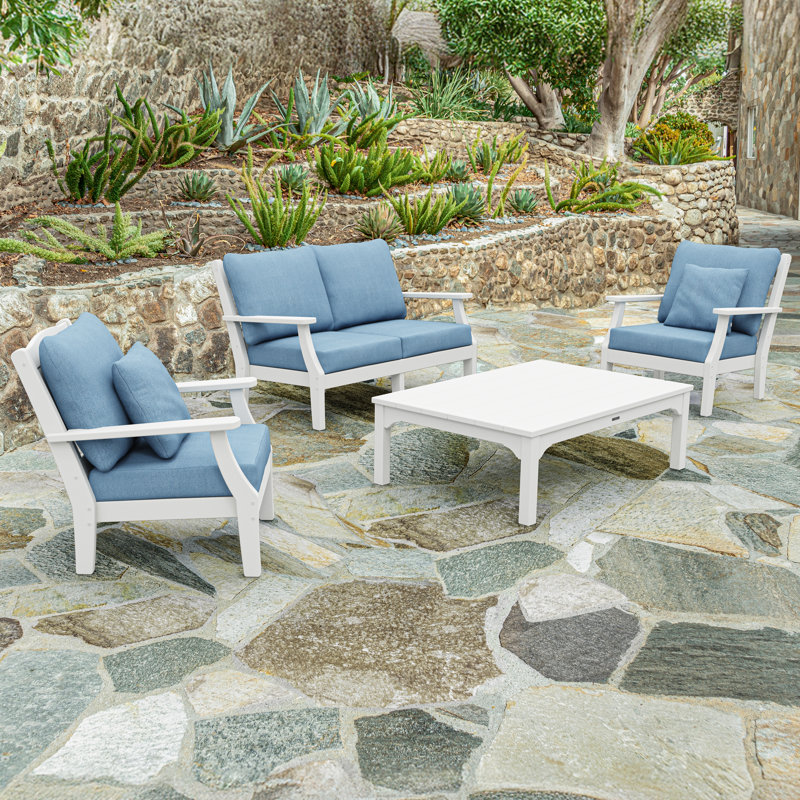 Chinoiserie 4 - Person Outdoor Seating Group with Cushions, Sky Blue, White