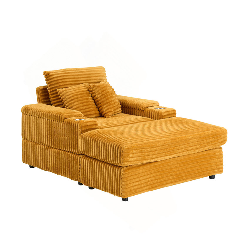 Canapé orange simple en velours côtelé avec un coussin, deux coussins décoratifs, un repose-pieds et deux espaces de rangement