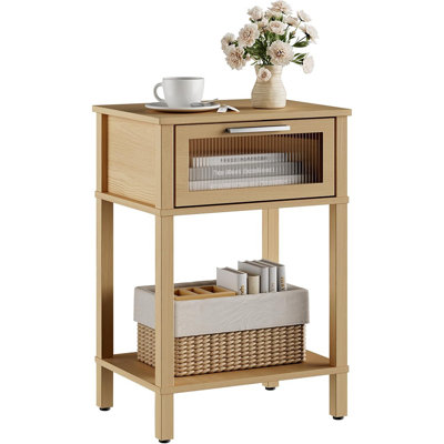 Nightstand Wooden Bedside Table With Drawer Natural Wood Night Stands Modern Style Small End Table Side Table With Storage Shelf For Bedroom Living Ro