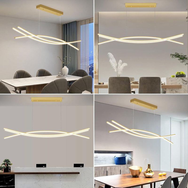 1M Gold Modern Fishbone LED Pendant Light Adjustable Height & Colour Temperature, Doré, L 39 po