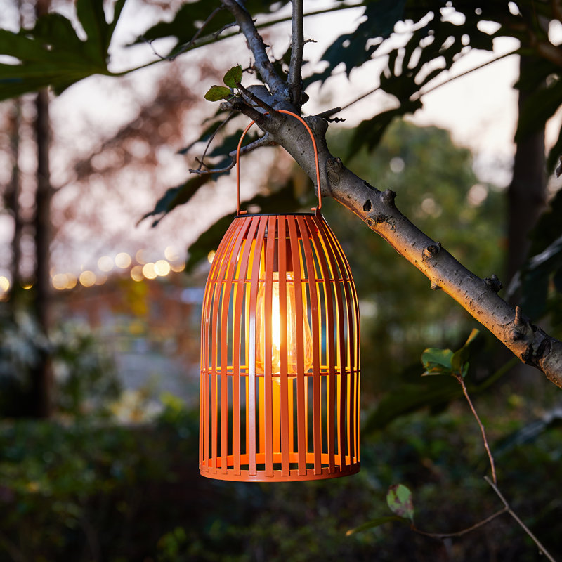 Nyota 9.75" Metal Woven Solar Powered  Outdoor Hanging Lantern, Orange