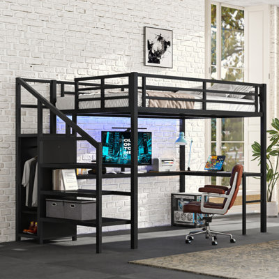 Lit mezzanine avec bureau en L et port USB, lit mezzanine en métal avec garde-robe et tablette réglable, lit mezzanine haut avec DEL pour enfants, adolescents, adultes