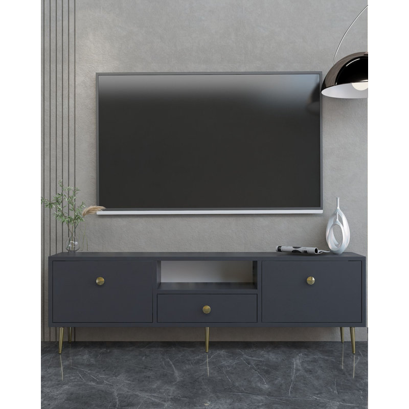Modern TV Stand with Wall-Mount Option, Anthracite & Gold, 55.1 x 17.7 x 11.8 inches | 100% Melamine Coated Particle Board, Thickness: 0.7 inches | Multiple Shelves for Storage, Stylish and Functional Design