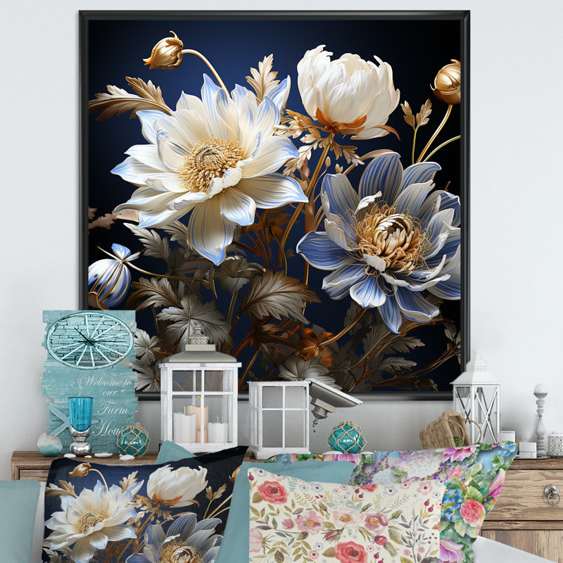 Impression moderne sur toile, bleu et blanc, Silver Picture Framed, 24" H x 24" W
