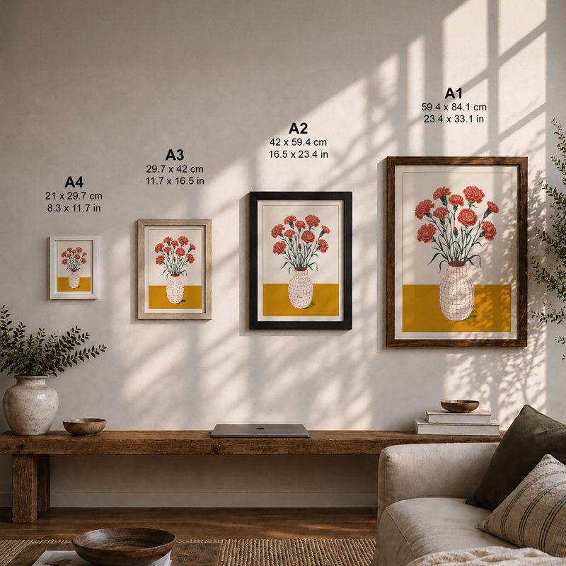 Potted Carnations Botanical - Framed Print, A4 - 29.7 x 21.0 cm, Black