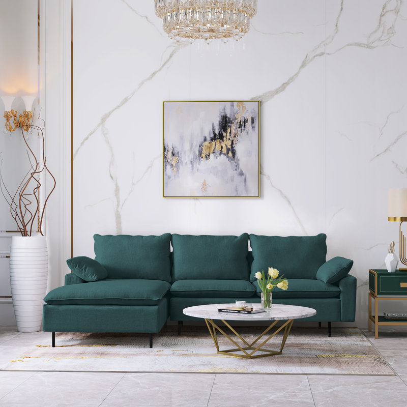 Arv?ds Sectional Sofa L Shaped Couch with Throw Pillows, Emerald Linen