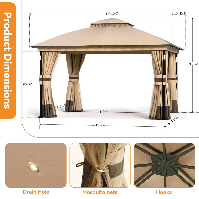 Louvre 13' x 11' LED Self-Power Lights Steel Double Roof Soft Top Gazebo with Waterproof Canopy and Curtain