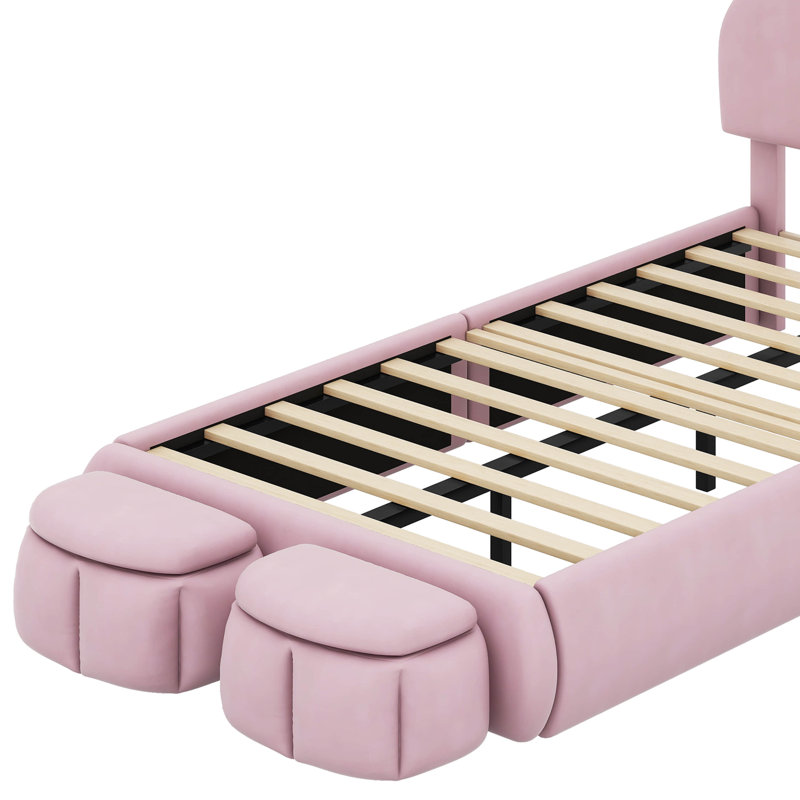Upholstered Platform Bed with Cartoon Ears Shaped Headboard and Light, Pink, Twin