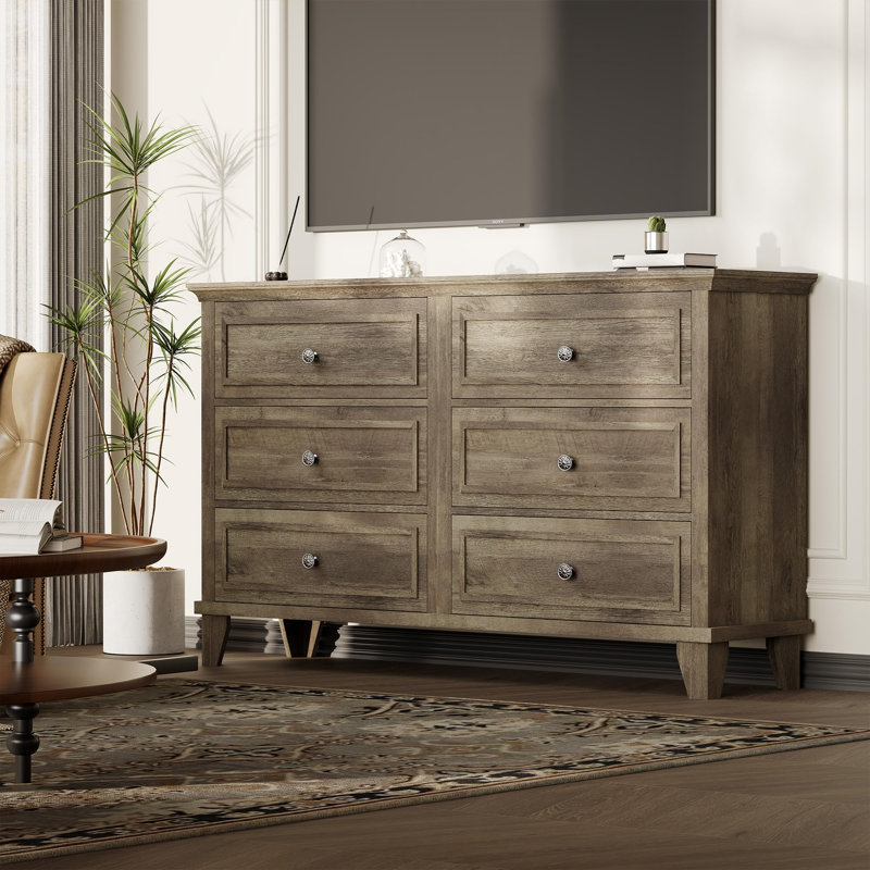 Commode vintage grise à 6 tiroirs avec façades de tiroirs encadrées, meuble de rangement autoportant pour chambre, salon, entrée, couloir, dressing, appartement.