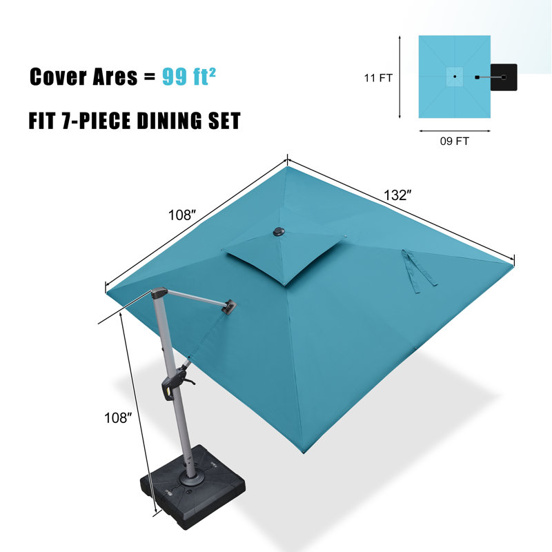 Parasol rectangulaire de luxe en porte-à-faux 9 pi x 11 pi avec base Turquoise, Bleu