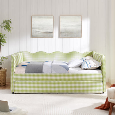 Full Size Gingham Daybed with Twin Size Trundle, USB Port, Wave-Shaped Design, Linen Fabric, No Box Spring Needed