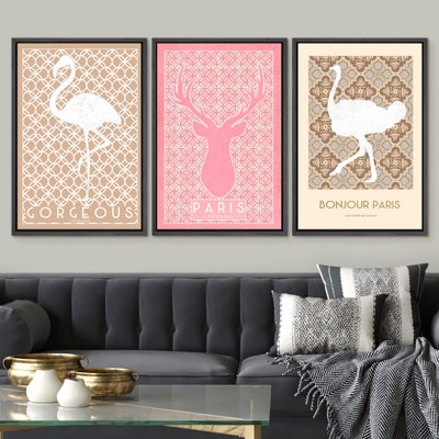 Animals " Paris Deer Flamingo Ostrich Pattern Animals Illustration Modern Art Rustic Group Whimsical " 3 - Pieces