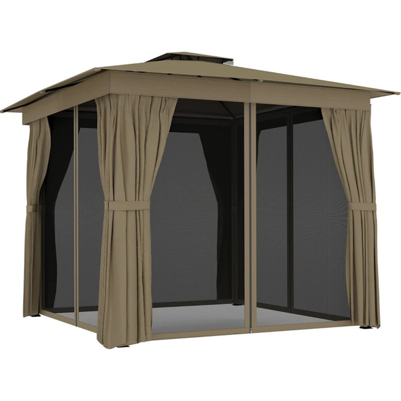Pavillon de jardin à deux niveaux avec auvent et rideaux, H 107,1 po x l 118,1 po x P 118,1 po, Kaki