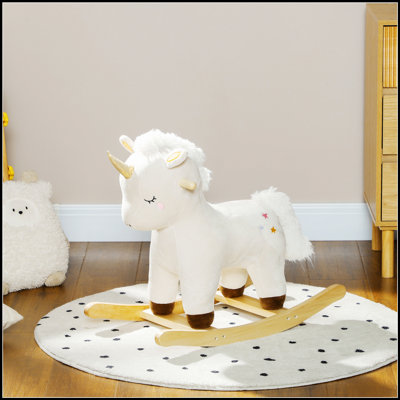 Qaba Rocking Horse, Plush Ride on Unicorn with Realistic Sound, Wooden Base, Ideal for Toddler Development and Fun