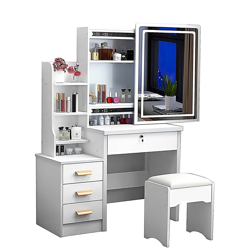 Fashion Vanity Desk with Mirror and Lights for Makeup and Chair, Vanity Mirror with Lights and Table Set with 3 Color Lighting Brightness Adjustable, 4 Drawers, White Color