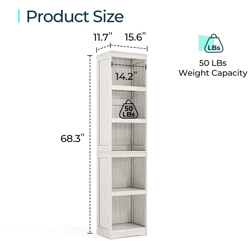 68 in Tall Bookcase, (5 Shelves) 68.3" H x 15.6" W x 11.7" D, White Oak