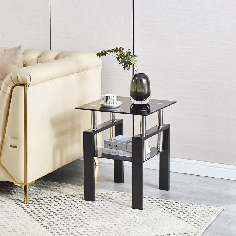 2 tables de bout en verre trempé pour les espaces de réception, fonction de rangement, assemblage rapide devant la table noire, zones multiples, procédure simple
