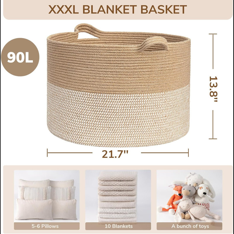 Extra Large Woven Baskets For Storage, 21.7'' X 13.8'' Wicker Basket With Handle For Blankets, Big Laundry Baskets For Clothes, Pillows, Towel, Shoe Basket For Entryway, 90L White Jute