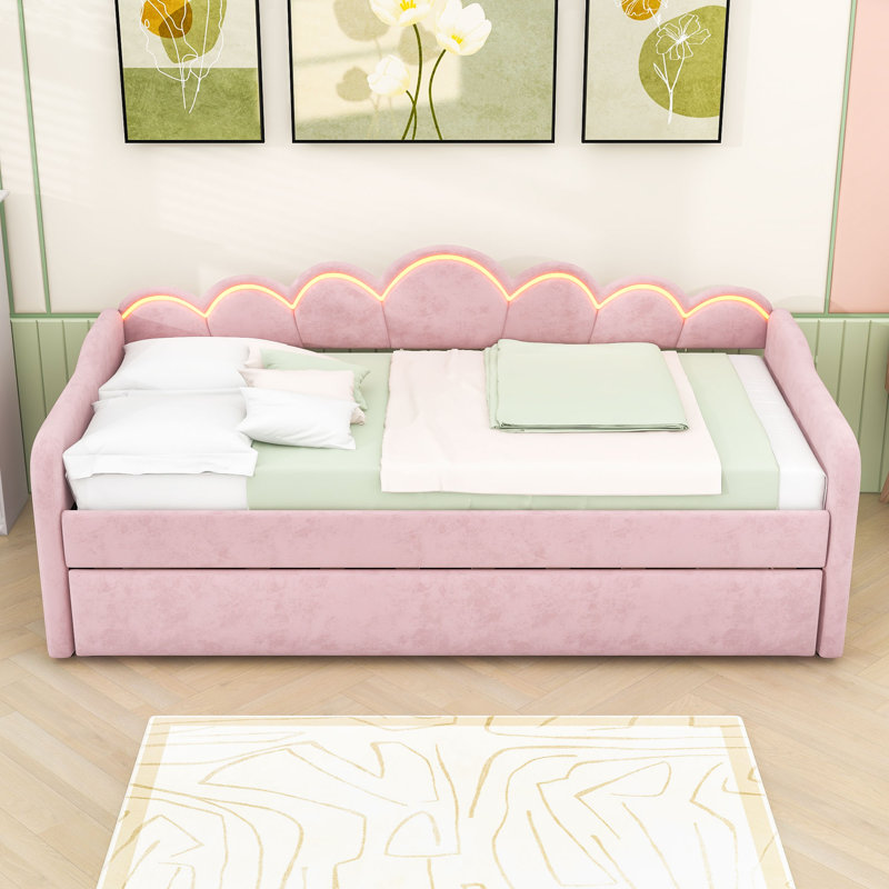 Upholstered Twin XL Daybed with Twin Trundle and Adjustable LED Lighting, Pink