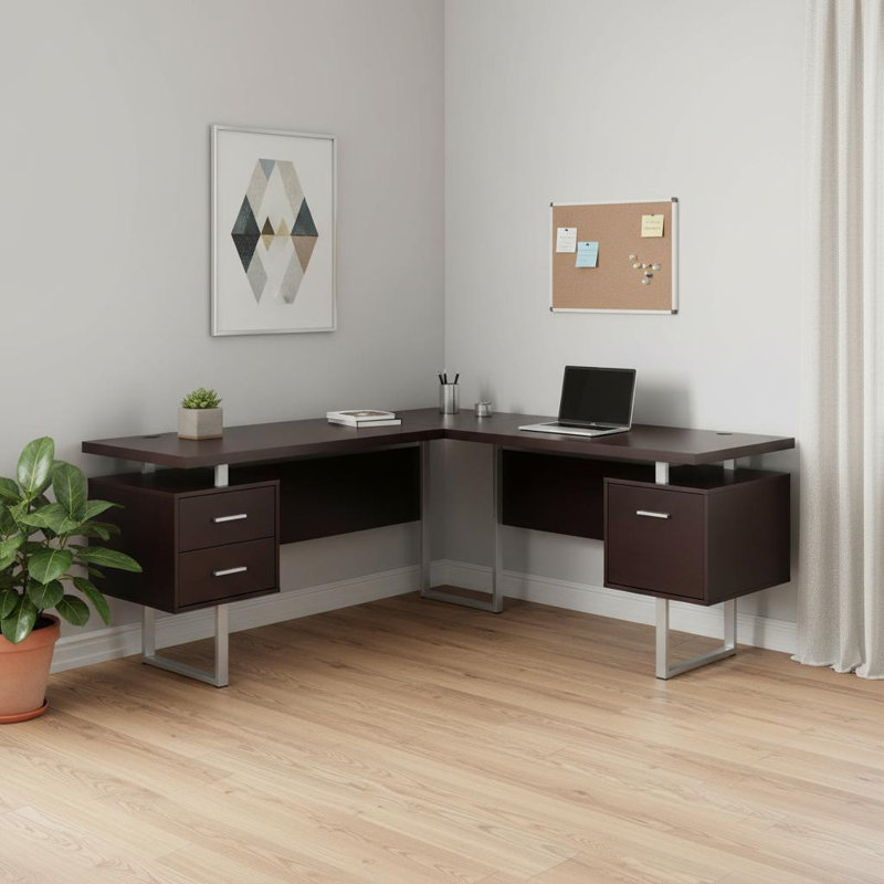 Bureau d'ordinateur en L 71 po à trois tiroirs brun et argent