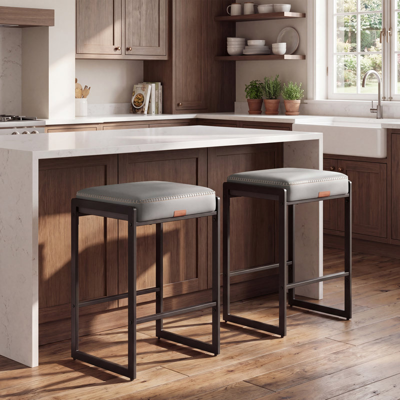 Tabourets de bar à hauteur de comptoir, cuir synthétique avec coutures, Gris