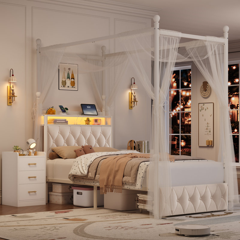 Ensemble de chambre à coucher pour enfants: cadre de lit à baldaquin à DEL avec ports de charge + 2 tables de chevet avec prises et tiroirs (blanc crème, tailles en T)
