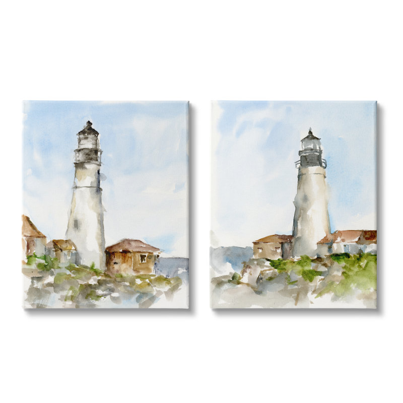 «Coastal Cliffside Lighthouse Study Soft Nautical» par Ethan Harper, ensemble de 2 peintures sur toiles, H 20 po x l 16 po