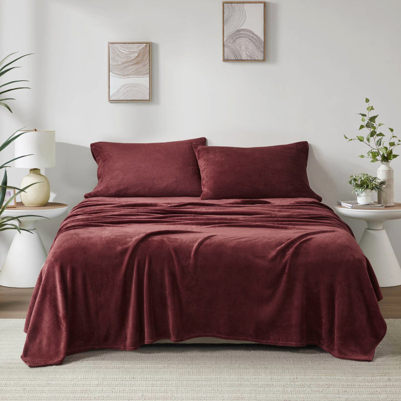 Ensemble de 3 draps simples, bourgogne, confortables et confortables, 100% brossé des deux côtés, texture luxueuse en velours, drap plat, taie d'oreiller ajustée, matelas ajustés élastiqués pour matelas de 16 po, lavable en machine