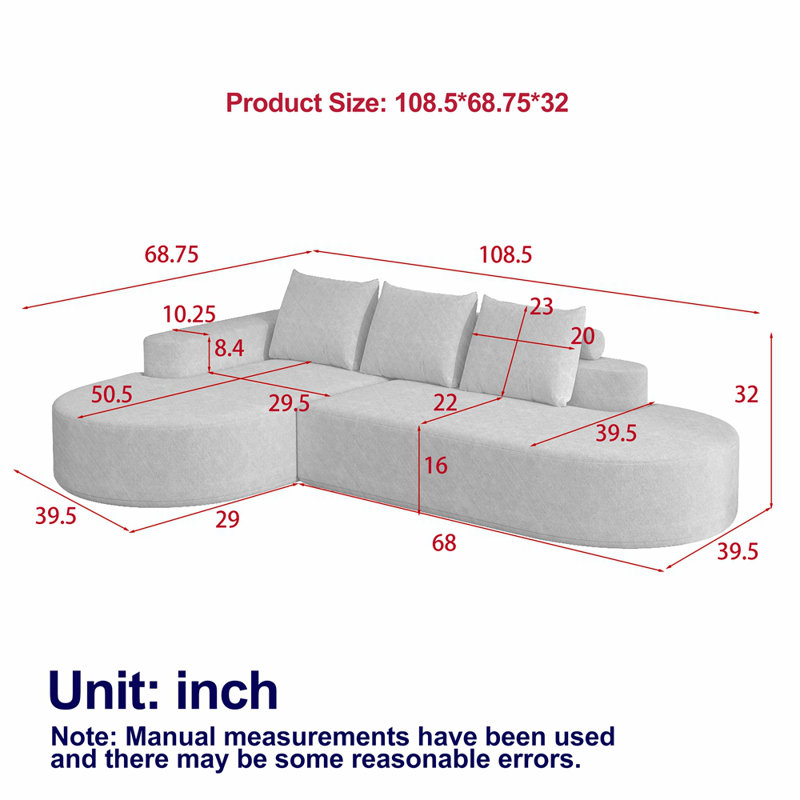 Canapé incurvé moderne, ensemble de canapé modulaire rembourré en chenille, ensemble de canapé modulaire en L 108,5 po avec 3 coussins, canapé-lit combiné gratuit pour le salon, la chambre à coucher