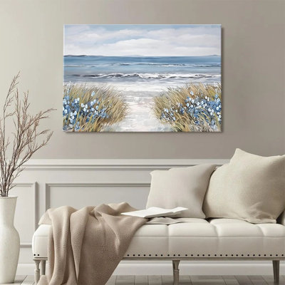 Art mural encadré pour le salon, impression sur toile moderne, impression sur toile, paysages côtiers, vagues et fleurs de roseaux, paysage impressionniste, art mural pour chambre à coucher, décor à la maison, plat à plat, prêt à accrocher