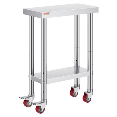 Table de travail en acier inoxydable de 12 po x 24 po x 34 po, capacité de charge de 700 lb avec 4 roues, 3 niveaux de hauteur réglables, table de travail robuste pour la cuisine commerciale, argent