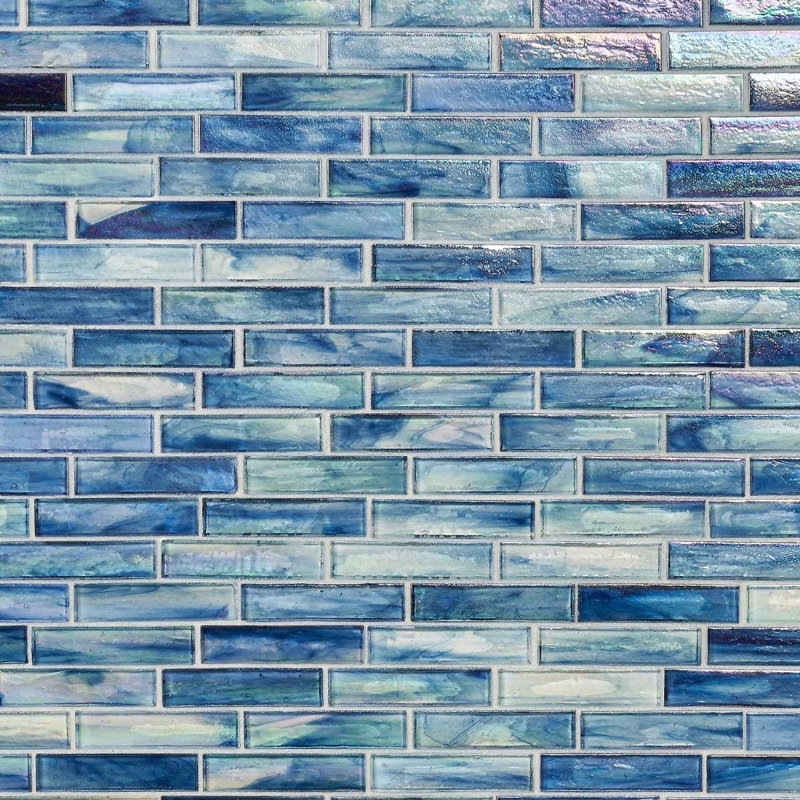 Artwater Iridescent 12x12 Brick Iridescent Polished Glass Mosaic Tile, Beach Blue