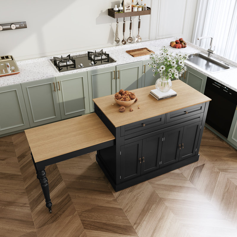 86.61" Mid-Century Extendable Kitchen Islands on Wheels with Roman column legs, Dining Table Cart with Storage, Black