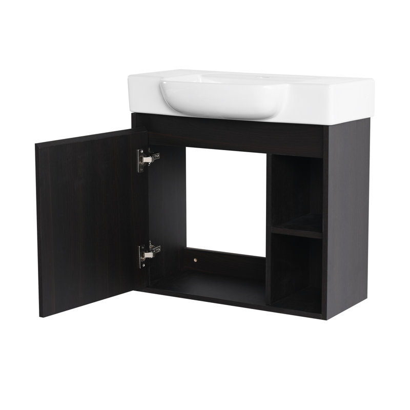 Meuble-lavabo moderne peu encombrant avec lavabo en céramique, conception compacte en chêne foncé