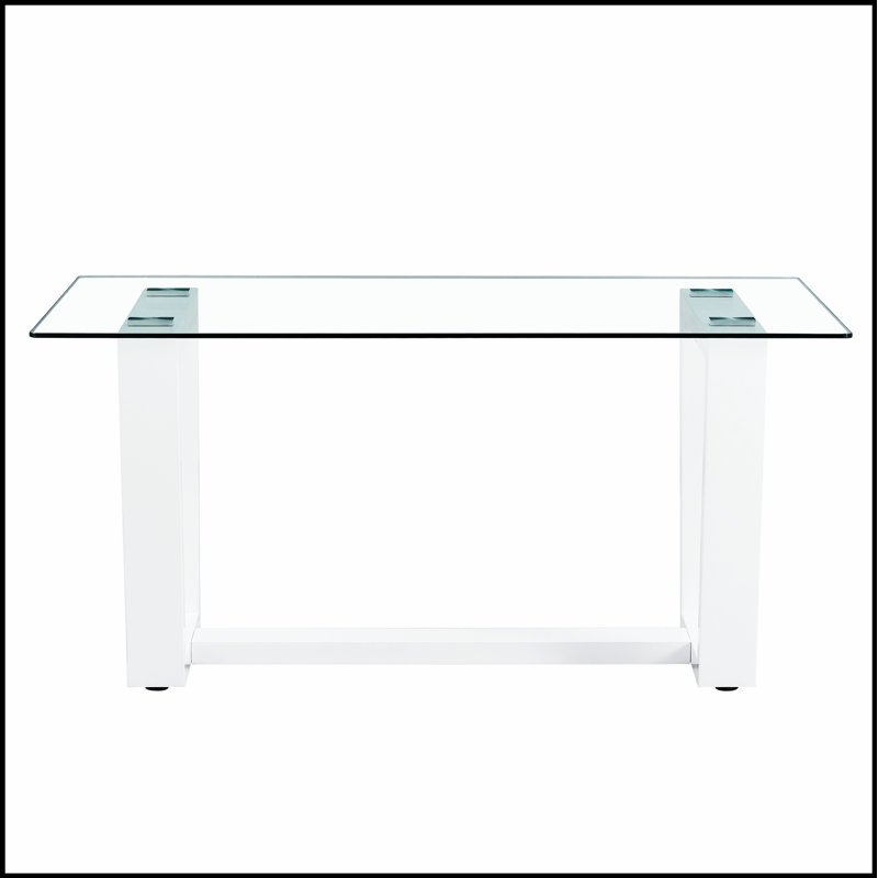 Table de salle à manger rectangulaire moderne avec plateau en verre trempé et support en bois aggloméré blanc élégant pour 6 à 8 personnes