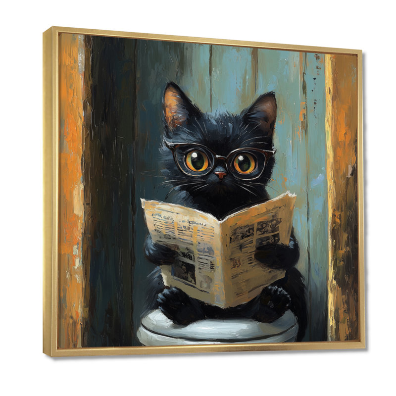 Keld, mignon, chat prêt, journal sur la toilette I - art mural chat, H 16 po x l 16 po, Impression encadrée flottante, Doré