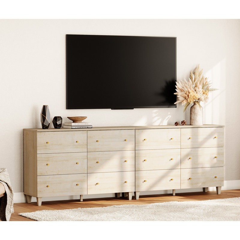 2-In-1 TV Dresser With 12 Drawers For 100+ Inches Tvs, Entertainment Center For Living Room Bedroom, Light Oak