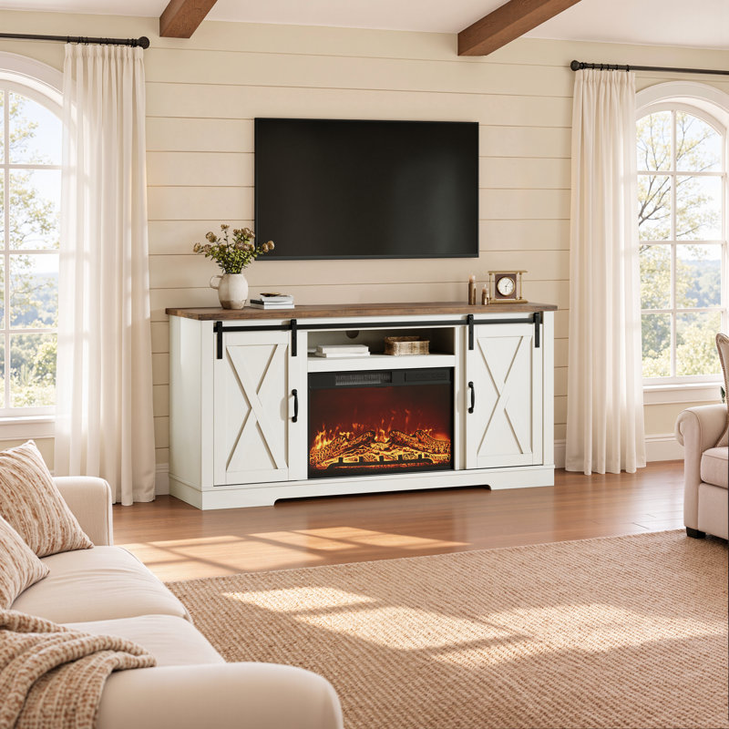 Meuble télé avec foyer en bois manufacturé 63 po Chiara, Blanc vieilli / rustique