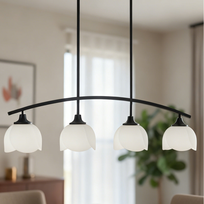 4-Light 36"W Black Modern Linear Pendant Chandelier With Flower Frosted Glass Shades For Dining Room Or  Kitchen Island