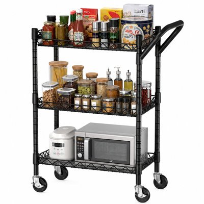 3-Tier Heavy Duty Rolling Utility Cart, Serving Cart with Wheels, Commercial Grade Metal Kitchen Utility Cart with Handle Bar & Shelf Liner, Trolley S