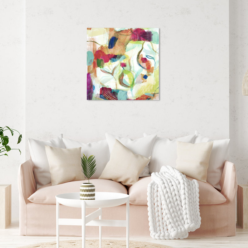 Abstrait blanc / mauve / vert Amazonie I - peinture, H 30 po x l 30 po, Toile tendue, Sans cadre