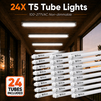 Tube lumineux à DEL à haut rendement de 4 pi 24 W T5, 45,75 po, F54T5 égal, 5000 K (blanc froid), lentille transparente, 3500 lm, mini base G5, 100 à 277 V, dérivation de ballast, alimentation à double extrémité, lumière DEL d'atelier, homologué UL (Paquet de 4)
